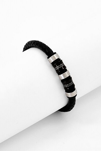 Steeltime Men Black Braided Leather Stainless Steel Beads Bracelet, Black