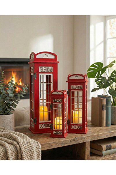 Liya Bella Dekoratif London Telefon Kulübesi Fener Mumluk – 3’lü Set