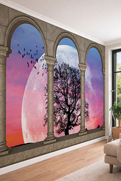 dreamwall 3D Antik Sütunlu Kemerden Dolunay ve Ağaç Manzaralı Tek Parça Tekst...