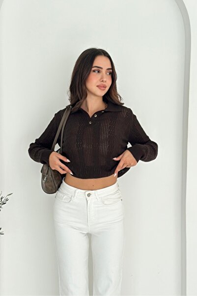 Noi Belis Polo Collar Perforated Half Placket Buttoned Knitwear Blouse Aw25Bz...