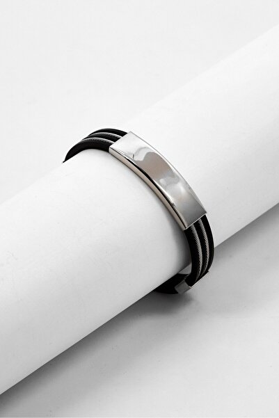 Steeltime Men Black Rubber Bracelet With Stainless Steel Wire Inlay, Black