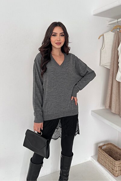 Noi Belis Oversize Lace Detailed V-Neck Knitwear Sweater Aw25Kz0132