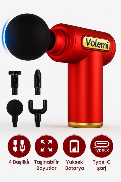 VOLEMİ Kırmızı 6 Hız Kademeli 4 Başlıklı Masaj Tabancası Masaj Aleti Şarjlı T...