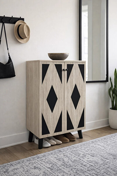 MARIA HOMES خزانة أحذية أنيقة باللون البيج مع تصميم هندسي أسود، باب مزدوج، من...