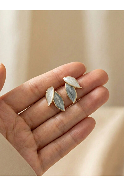 Happy Vibes Silver Needle Gray White Leaf Earrings - Stylish and Simple