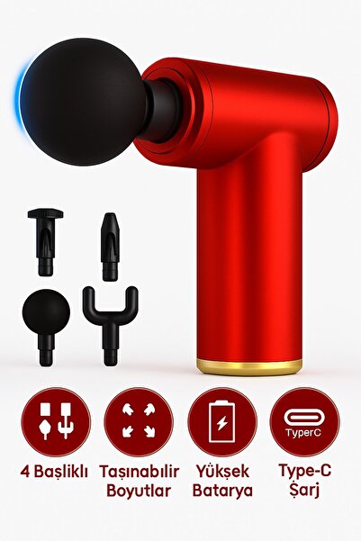 JASPER Kırmızı 6 Hız Kademeli 4 Başlıklı Masaj Tabancası Masaj Aleti Şarjlı T...