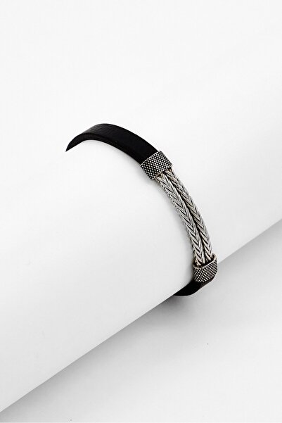 Steeltime Men Wheat Chain Detail Stainless Steel And Leather Bracelet, Black