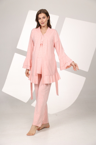 Rimel Homewear 3'lü Hamile ve Lohusa Sabahlıklı Pijama Takımı - Fırfır Detayl...