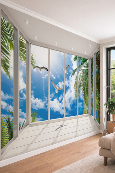 dreamwall 3D Cam Balkon Efektli Gökyüzü ve Martılar - Derinlik Veren Tek Parç...