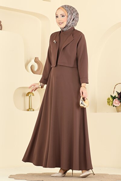 ModaMerve Broş Aksesuarlı Dabıl Takım 24019UKB139-MS Kahve