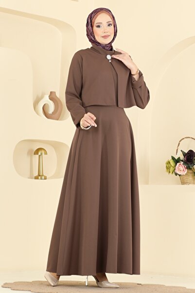 ModaMerve Broş Aksesuarlı Dabıl Takım 24019UKB139-MS Açık Kahve