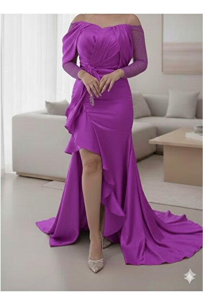 FULLJOY Luxurious long women's evening dress in silk satin with an off-the-sh...