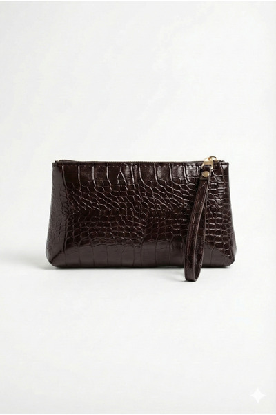 PurpleART Kadın Koyu Kahve Kroko Desenli Bilek Askılı Portföy & El Çantası - ...