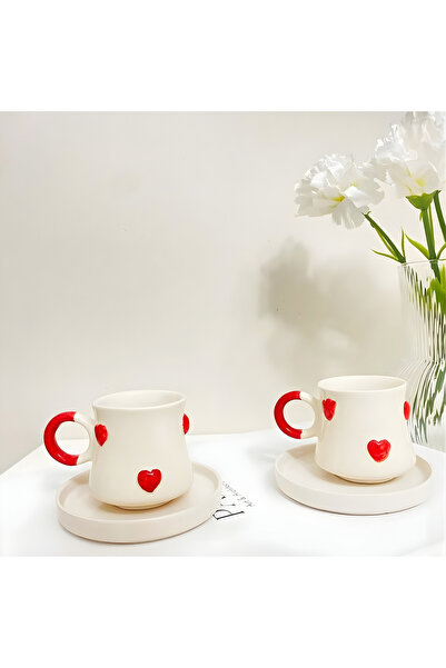 Kizaru Home Set of 2 Heart Embossed Ceramic Handmade Coffee Cups