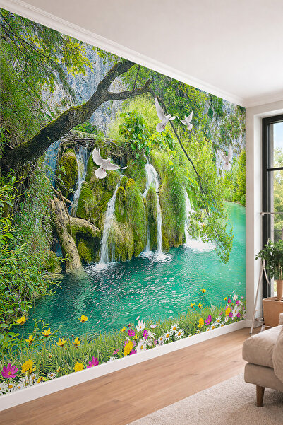 dreamwall Göl ve Şelale Manzaralı Güvercinli Doğa Temalı Tek Parça Tekstil Du...