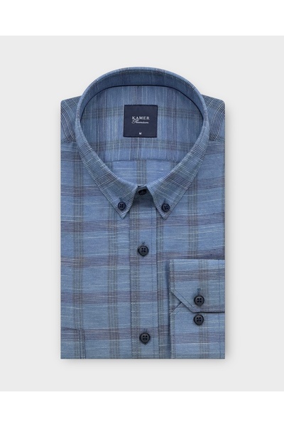 KAMER Regular Fit Long Sleeve Buttoned Collar Double Pocket Plaid Blue Shirt ...