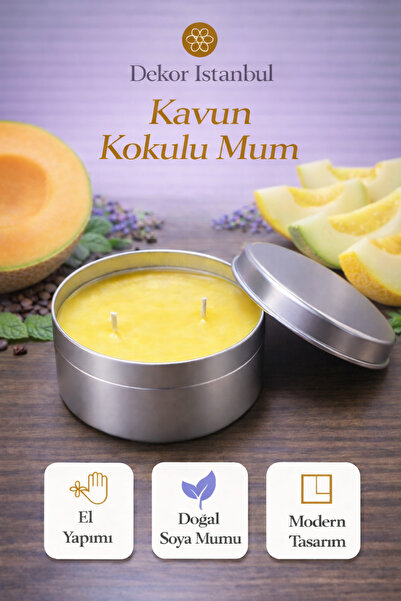Dekor İstanbul Kavun Kokulu Teneke Mum | El Yapımı Doğal Soya Mumu | Dekorati...