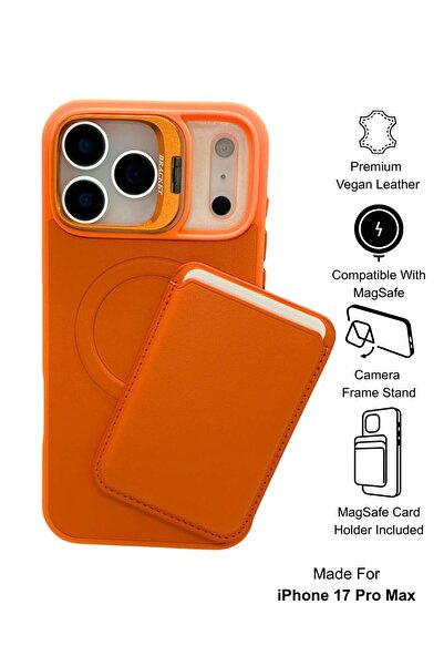 Paladyum Case حافظة جلدية برتقالية فاخرة متوافقة مع iPhone 17 Pro Max مع محفظ...