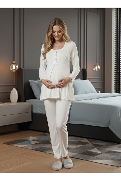 Lohussa New Season Ecru 100% Cotton Buttoned Lace Detailed Design Maternity P...