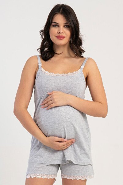 VİENETTA Women's Maternity Breastfeeding Comfortable Strap Shorts Pajama Set ...