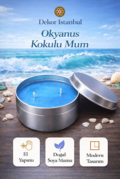Dekor İstanbul Okyanus Kokulu Teneke Mum | El Yapımı Doğal Soya Mumu | Dekora...