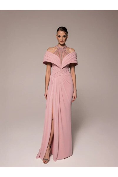 Kenzel Stone Detailed Draped Slit Off-Shoulder Evening Dress