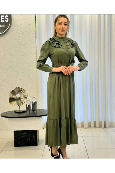 Cannes Eya Women's Fuchsia Collar Ruffle Detailed Belted Khaki Dress