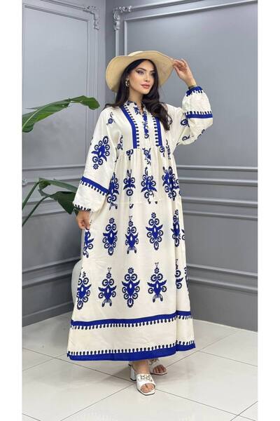 Cannes Wela Women's White Saks Blue Embroidered Bohemian White Dress