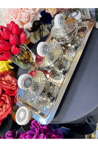 hediye Esterhomedecor 3-Piece Metal Spice Rack with Lid and Tray, Silver Color