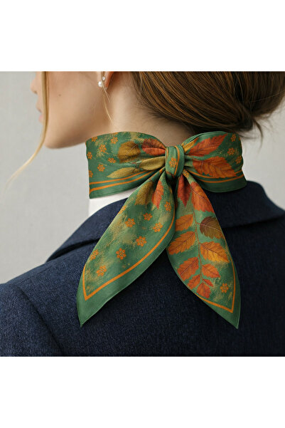 MOORİ Yeşil Yaprak Desenli Saten Fular 70x70 cm – Şık Kadın Bandana Fular