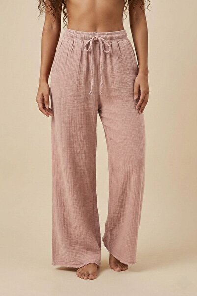 madam trend Powder 100% Cotton Muslin Trousers - Elastic Lace-Up Waist, Loose...