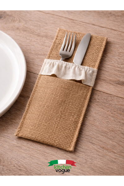 Kitchen Vogue Bohem Rustik Jüt Hasır Çatal Kaşık Bıçak Kılıfı Keten Fırfır De...