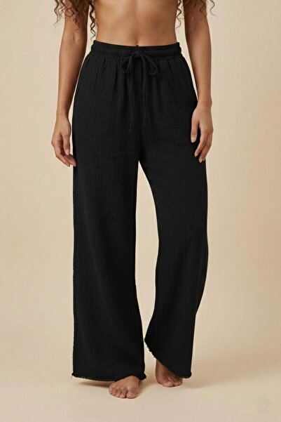 madam trend Black 100% Cotton Muslin Pants - Elastic Lace-Up Waist, Wide Leg ...