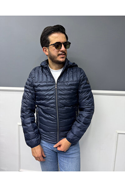 Avni Ceylan Men's Quilted Striped Patterned Hooded Slim Fit Puffer Casual Coat