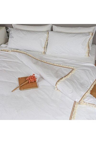 DNC home tekstil Premium White Linen Brown Striped Single Duvet Cover Set (with Spare Pillow)