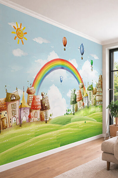 dreamwall Gökkuşağı ve Sevimli Evler Temalı Çocuk Odası Tek Parça Tekstil Duv...
