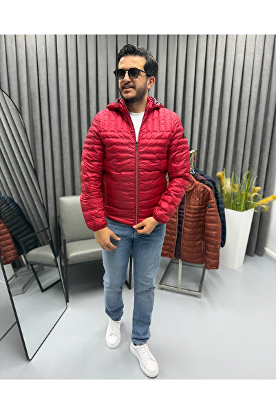 Avni Ceylan Men's Quilted Striped Patterned Hooded Slim Fit Puffer Casual Coat