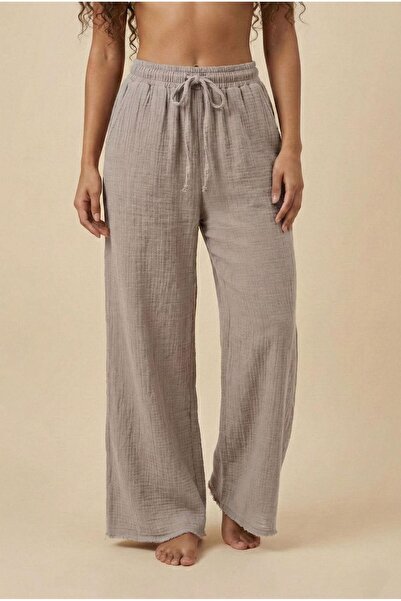 madam trend Gray 100% Cotton Muslin Pants - Elastic Lace-Up Waist, Wide Leg P...