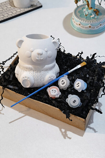 Denic Tasarım Taş Boyama Seti-Kazaklı Ayıcık-Boya-Fırça- Biblo- Kalemlik- Sak...