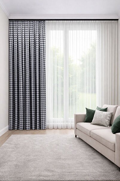 PERDE MERKEZİ Kazayağı Lacivert Beyaz Fon Perde Salon Ve Misafir Odalarına Uy...