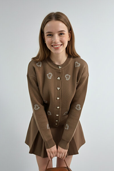 LAbute Kadın Bisiklet Yaka Kalp Düğme ve Kalpler Nakışlı Triko Hırka