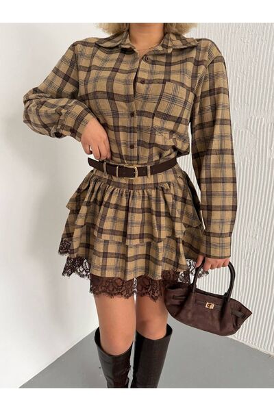 Lunea Womens Women's Plaid Pattern Shirt Skirt Ruffled Belted Double Set