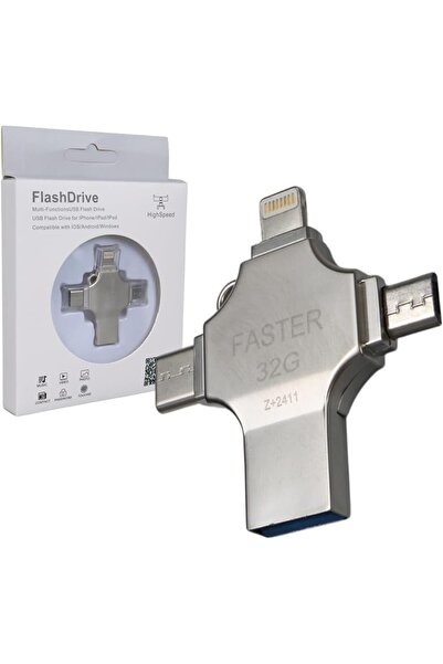 Beruflic Flash Dirve Flash Bellek 4 in 1 Metal 32 GB Flash Bellek Usb Type-C Micro İphone Lightning Otg Aktarıcı Bellek