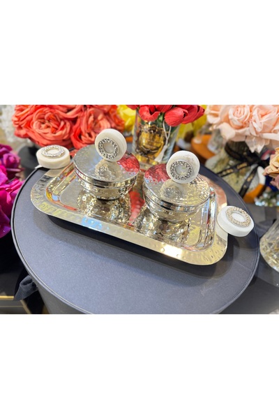 hediye Esterhomedecor 2-Piece Metal Spice Rack with Lid and Tray in Shiny Silver