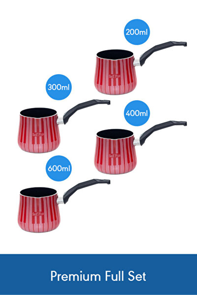 Saif Plus Teflon Turkish Coffee Pot Set 4 Pieces 200, 300, 400 & 600 ml – Red