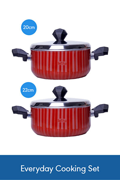 Saif Plus Non-Stick Teflon Pot Duo Set 20 & 22 cm – Red Compact Sizes with St...