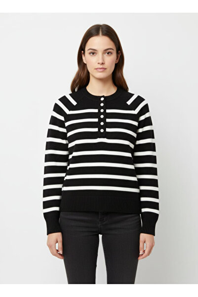 Sementa Collared Buttoned Striped Wool Knit Sweater Black