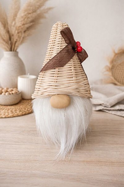 SEÇİL El Yapımı Dekoratif Yılbaşı Cücesi – Doğal Hasır Şapkalı, Beyaz Sakallı...