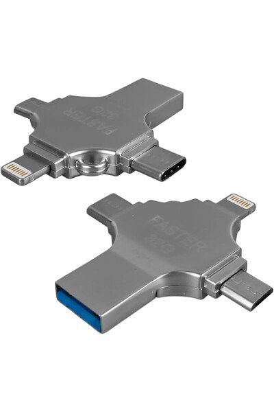 Beruflic Flash Dirve Flash Bellek 4 in 1 Metal 32 GB Flash Bellek Usb Type-C Micro İphone Lightning Otg Aktarıcı Bellek