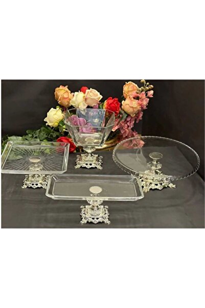 ÇNR Home Collection 4 Piece Cast Iron Footed Glass Serving Set Silver